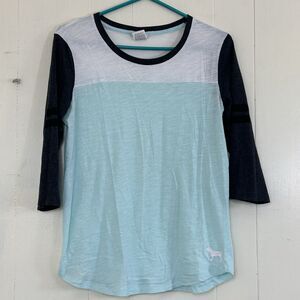 Victoria's Secret Pink Top 3/4 Length Varsity Style T-Shirt Aqua Size Medium